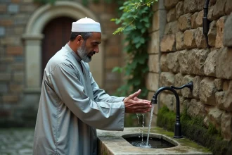 Homme effectuant les ablutions rituelles dans une cour en pierre volcanique typique d'Auvergne avant la prière
