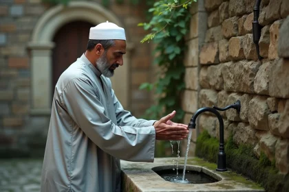 Homme effectuant les ablutions rituelles dans une cour en pierre volcanique typique d'Auvergne avant la prière