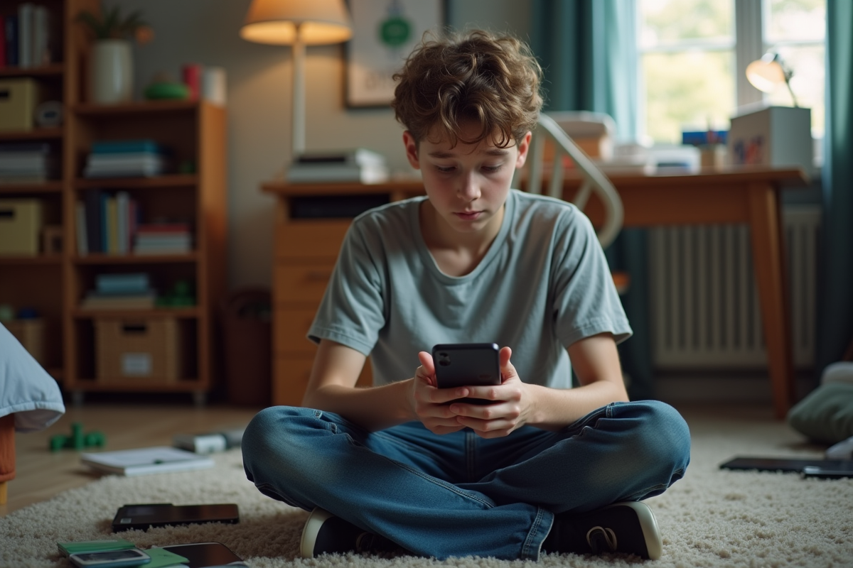 Adolescent inquiet regardant son smartphone dans sa chambre