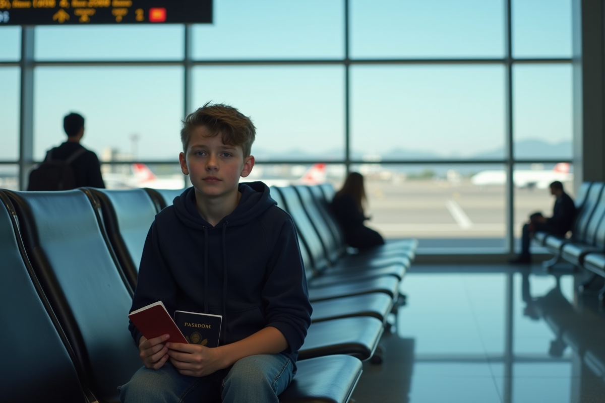 Jeune garçon seul à l'aéroport avec passeport et valise