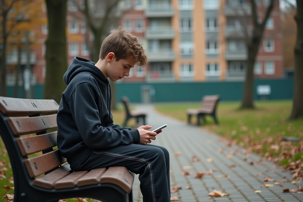 Adolescent seul sur un banc de parc avec téléphone