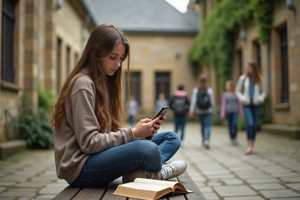 Adolescente assise dans une cour d'école avec un manuel de français, illustrant l'attente et la conjugaison