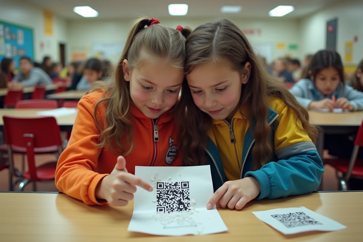 Deux adolescentes déçues face à un QR code Brawl Stars froissé et illisible dans une cafétéria scolaire