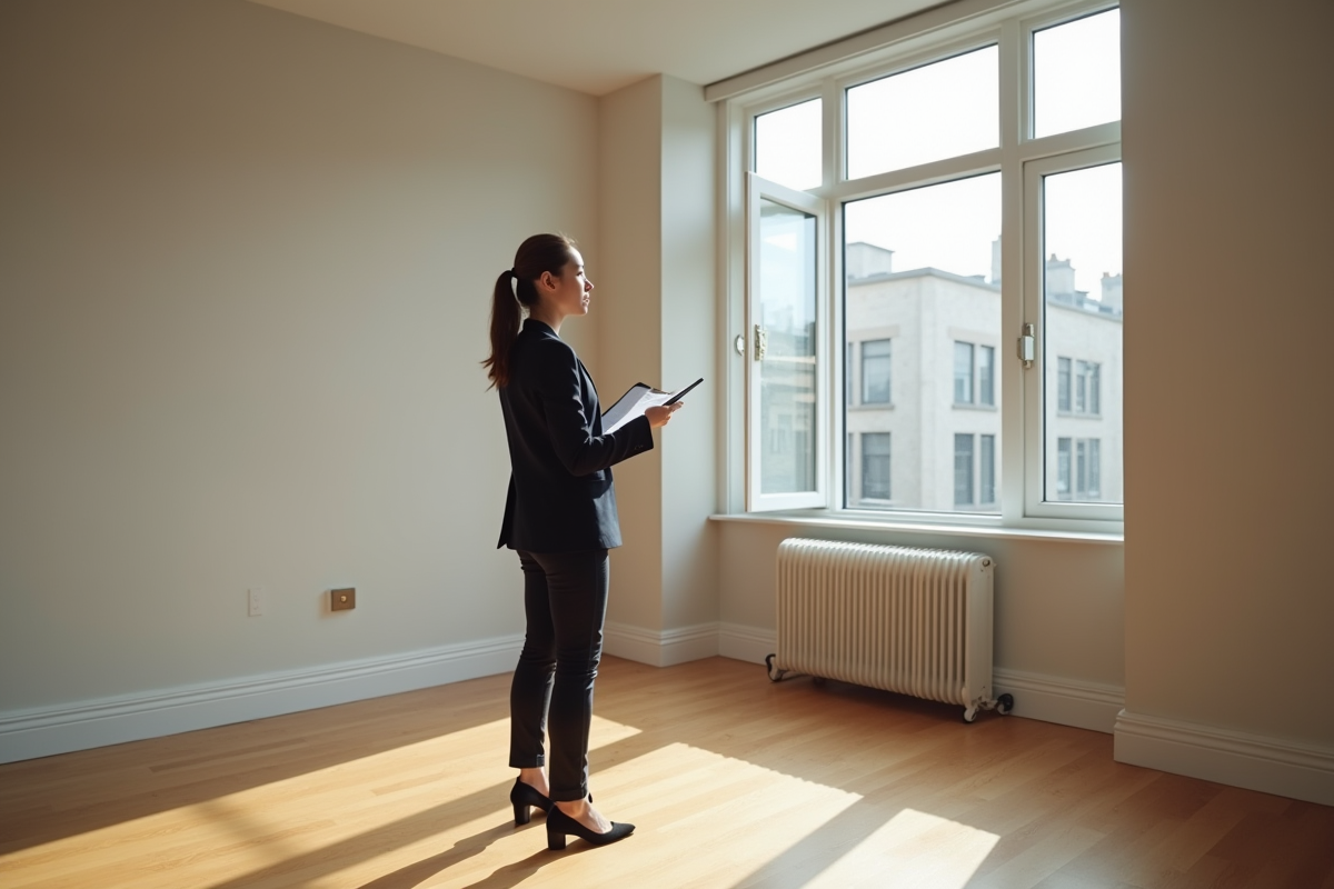 Agent immobilier dans un appartement vide avec vue sur la ville