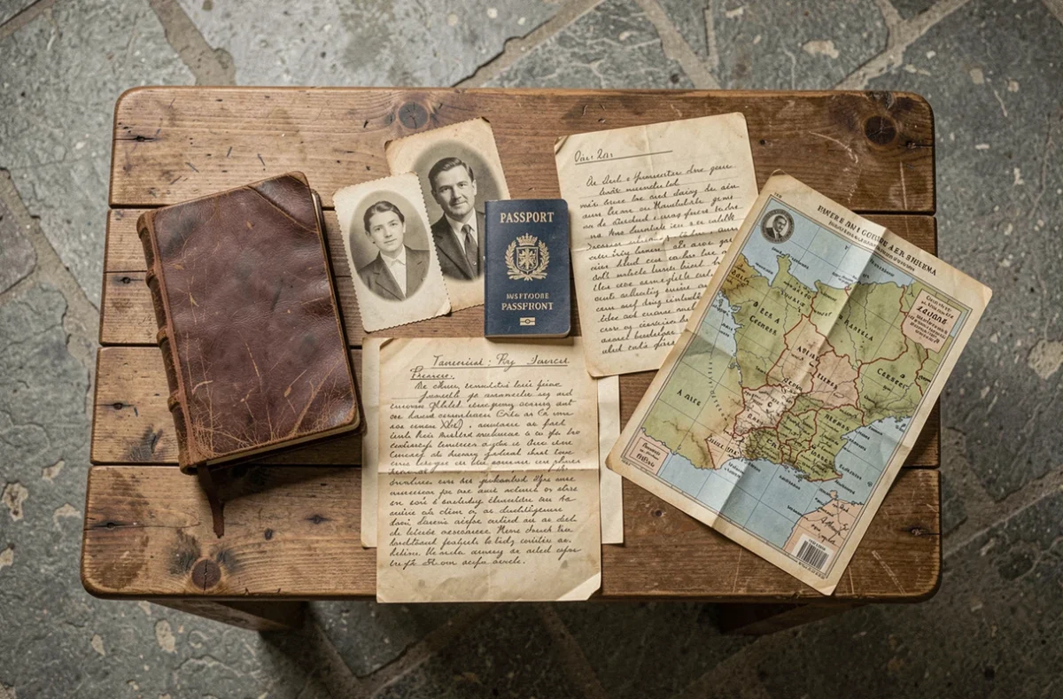 Flatlay de documents biographiques et d'archives familiales anciens posés sur une table en chêne rustique, incluant un journal cuir, des photos noir et blanc et une carte régionale de France
