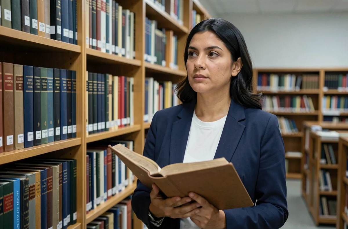 Femme aux traits méditerranéens debout devant une grande bibliothèque universitaire tenant un livre ouvert, dans une atmosphère de recherche biographique sérieuse et documentée