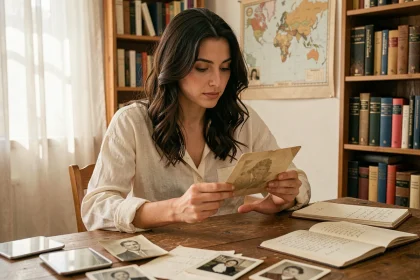 Jeune femme aux origines méditerranéennes consultant de vieilles photographies familiales et des lettres manuscrites sur un bureau en bois, dans un bureau cosy rempli de livres