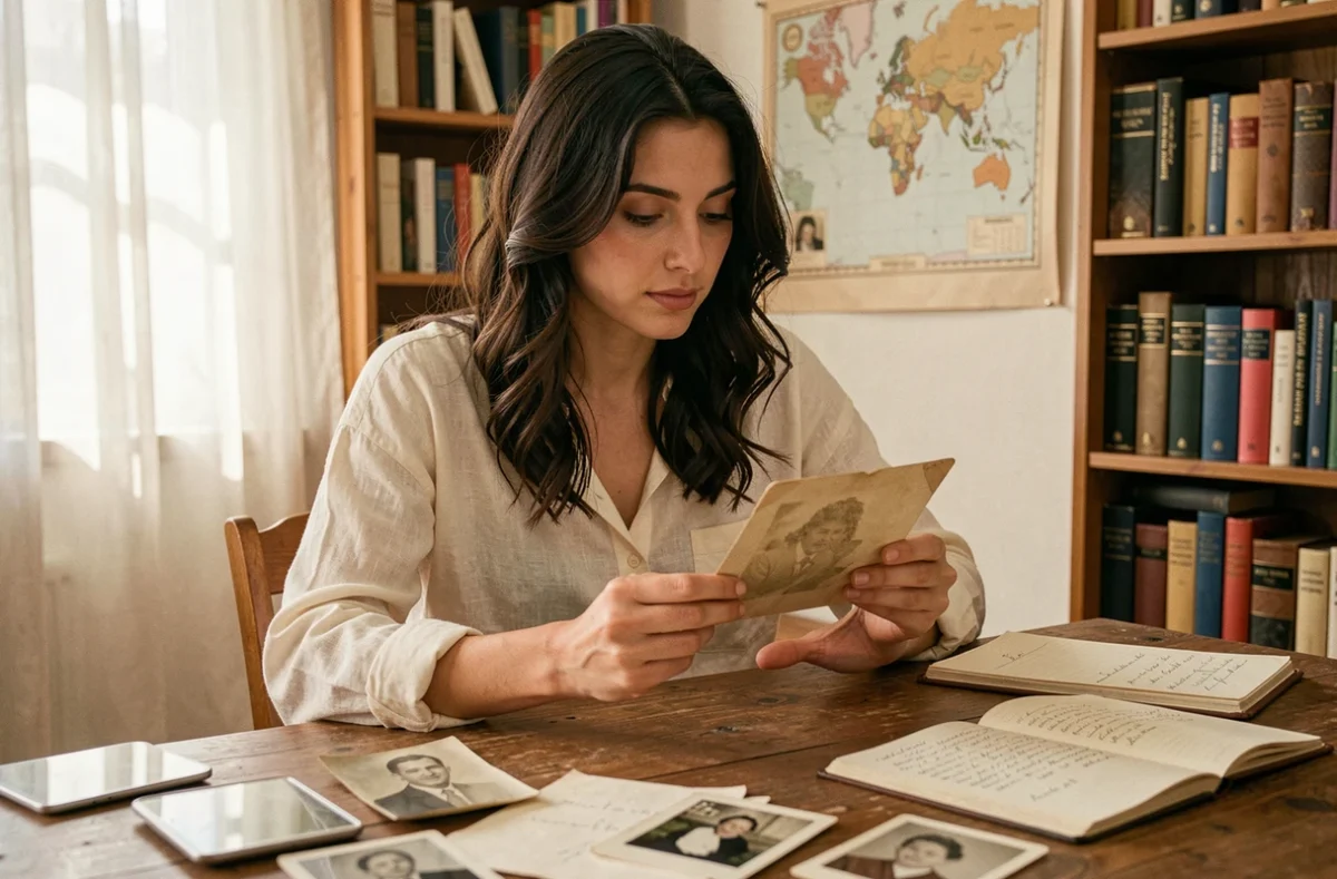 Jeune femme aux origines méditerranéennes consultant de vieilles photographies familiales et des lettres manuscrites sur un bureau en bois, dans un bureau cosy rempli de livres