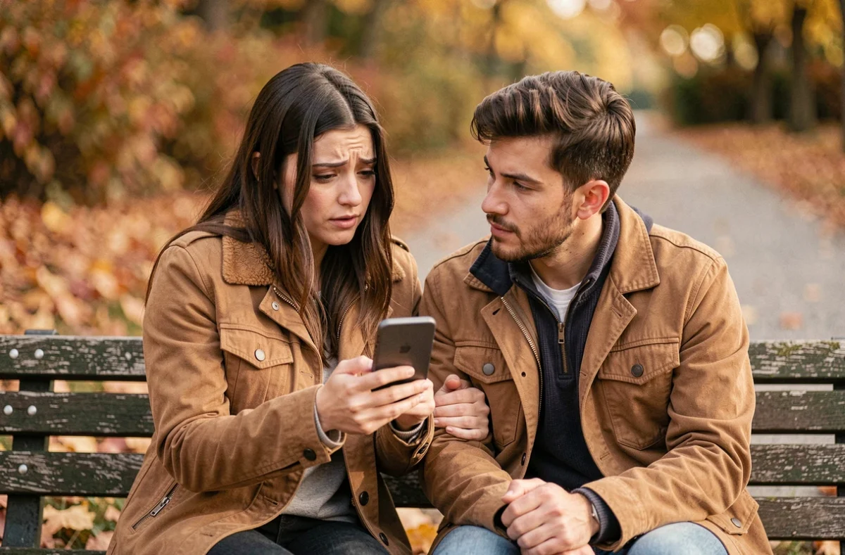Deux amies sur un banc de parc en automne, l'une montrant un message sur son téléphone à l'autre dans un moment de confidence sur un sentiment de manque