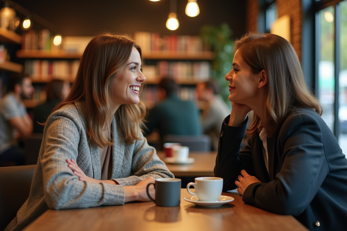 Deux amis discutant dans un café chaleureux