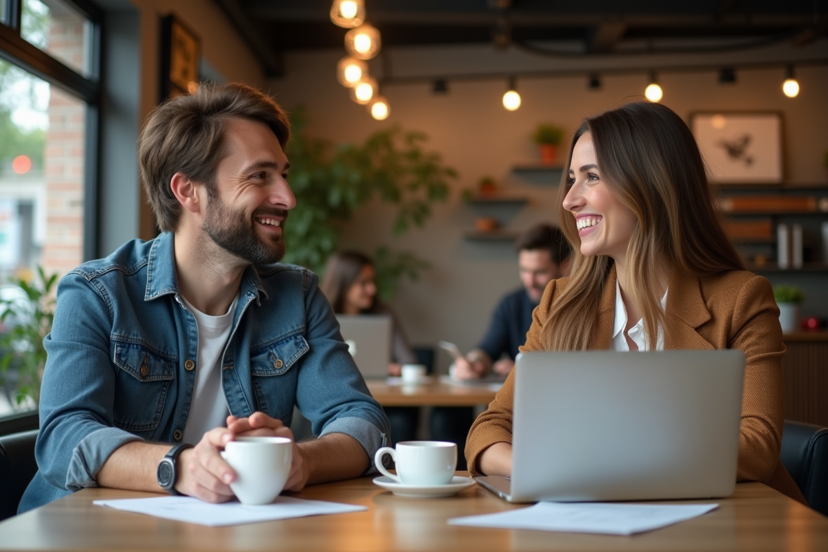 Deux amis en café discutant avec sourires sincères
