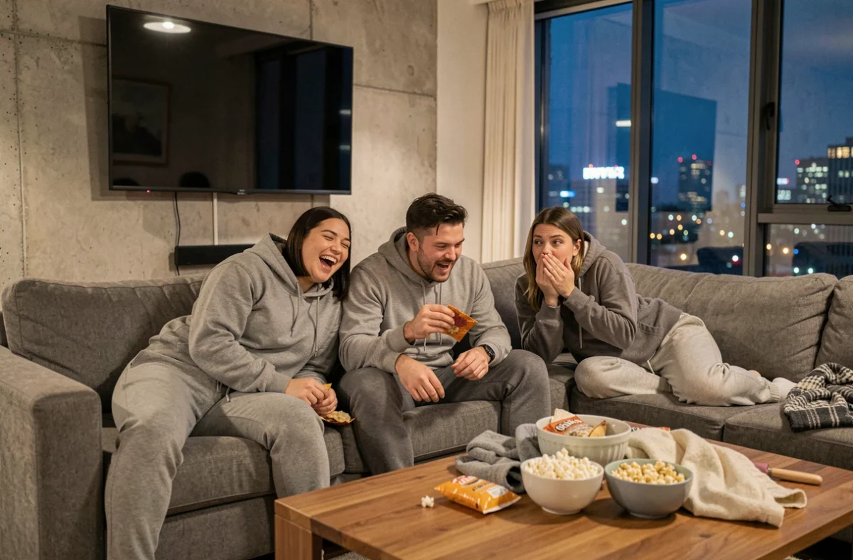 Groupe d'amis regardant un film Netflix ensemble dans un appartement moderne, réactions authentiques et ambiance conviviale
