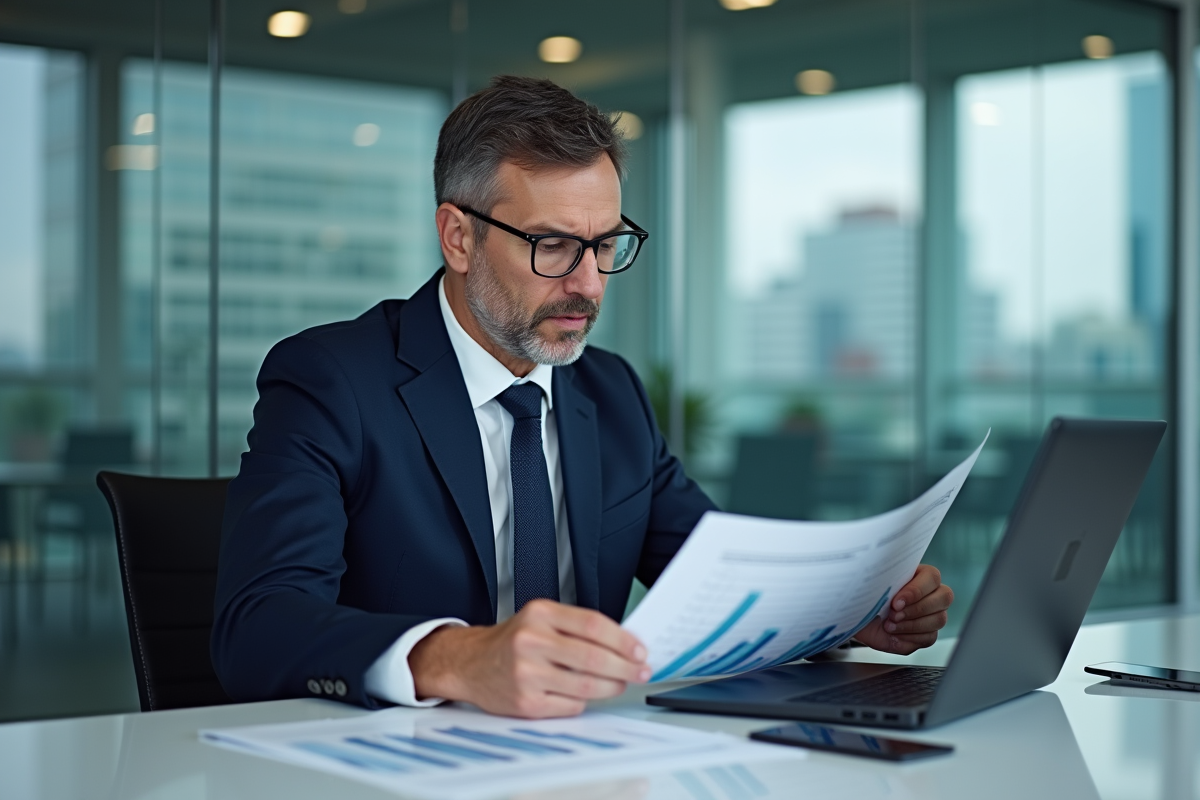 Analyste d'affaires en costume navy dans une salle de réunion moderne