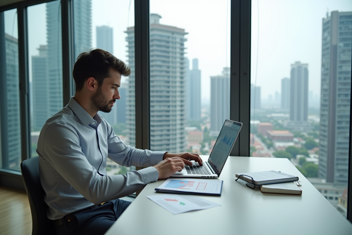 Jeune analyste immobilier étudiant des graphiques de location