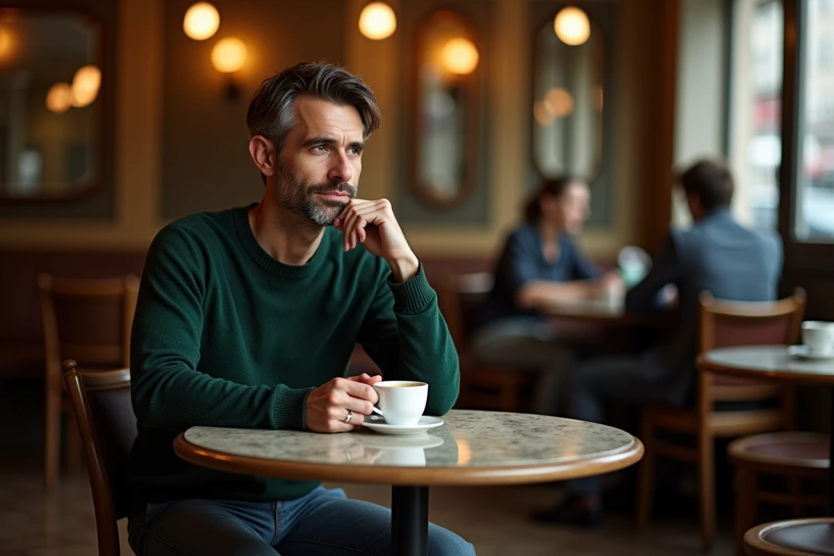 Homme pensif attablé seul dans un café parisien, illustrant l'intimité et la vie personnelle discrète d'un animateur de télévision célèbre