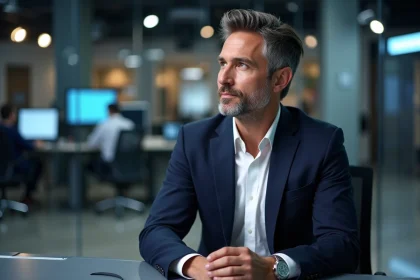 Portrait d'un animateur télévision connu en coulisses d'un plateau de télévision moderne, illustrant la vie privée et amoureuse d'une personnalité médiatique