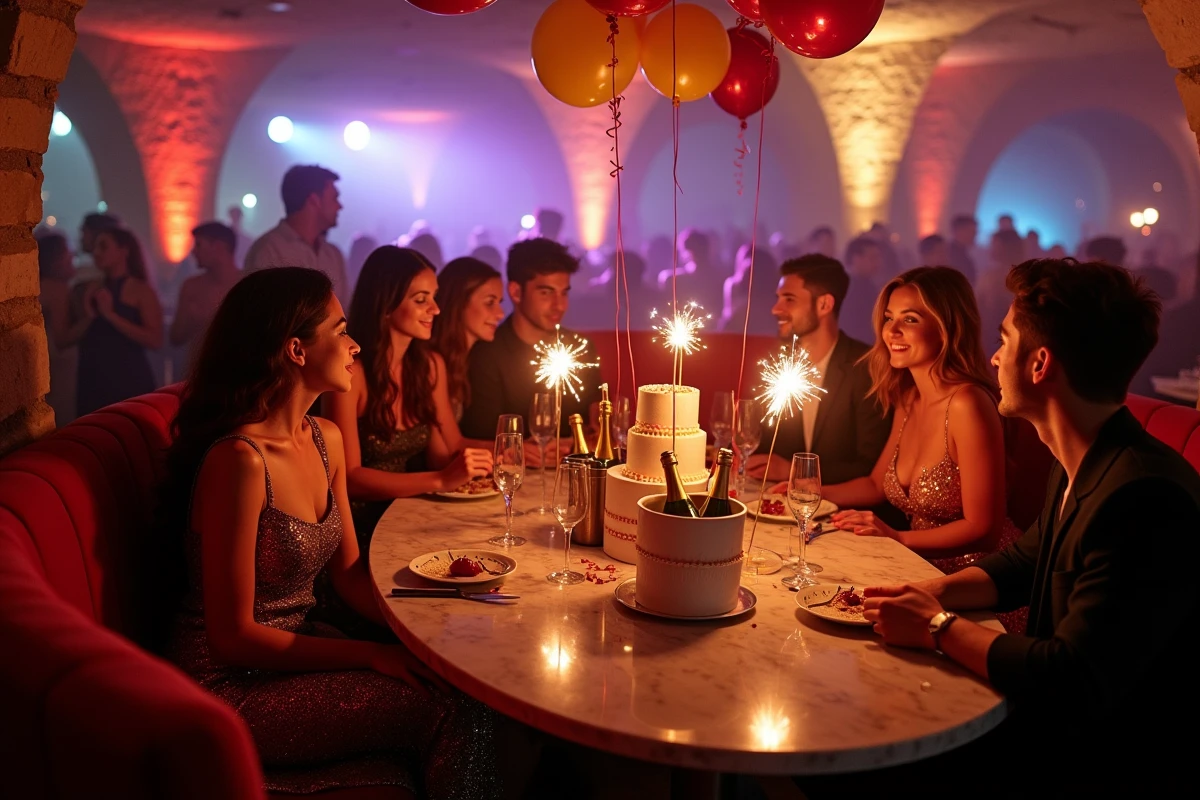 Groupe d'amis fêtant un anniversaire en boîte de nuit à Marseille avec table VIP, bouteilles de champagne et sparklers