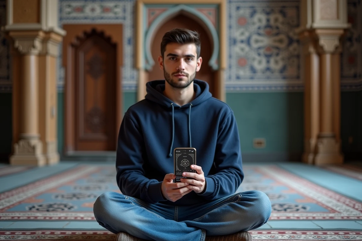 Jeune homme consultant une application qibla et horaires de prière dans une mosquée de Valence