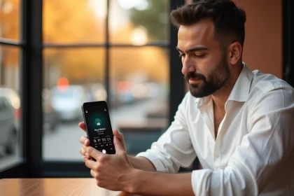 Homme utilisant une application de temps de prière sur smartphone dans un café de Valence, Espagne
