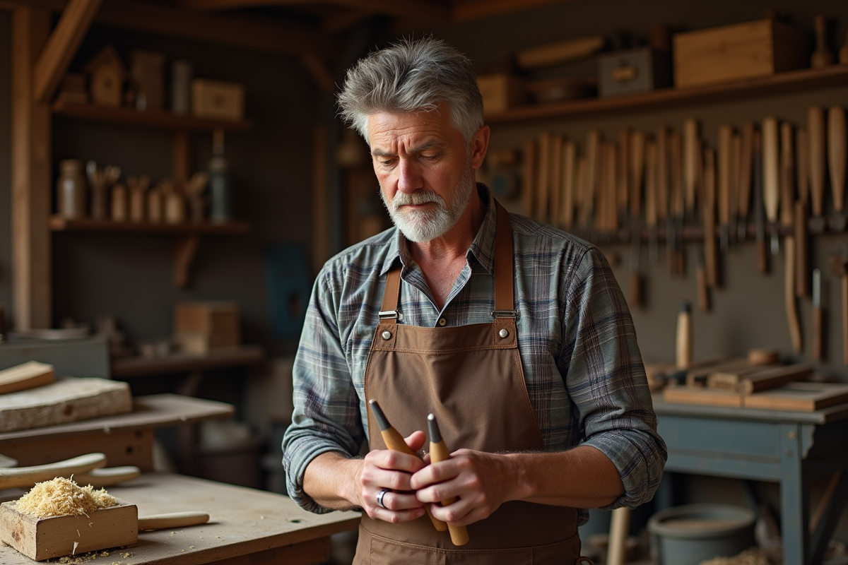 Artisan menuisier examine ses outils en bois dans son atelier