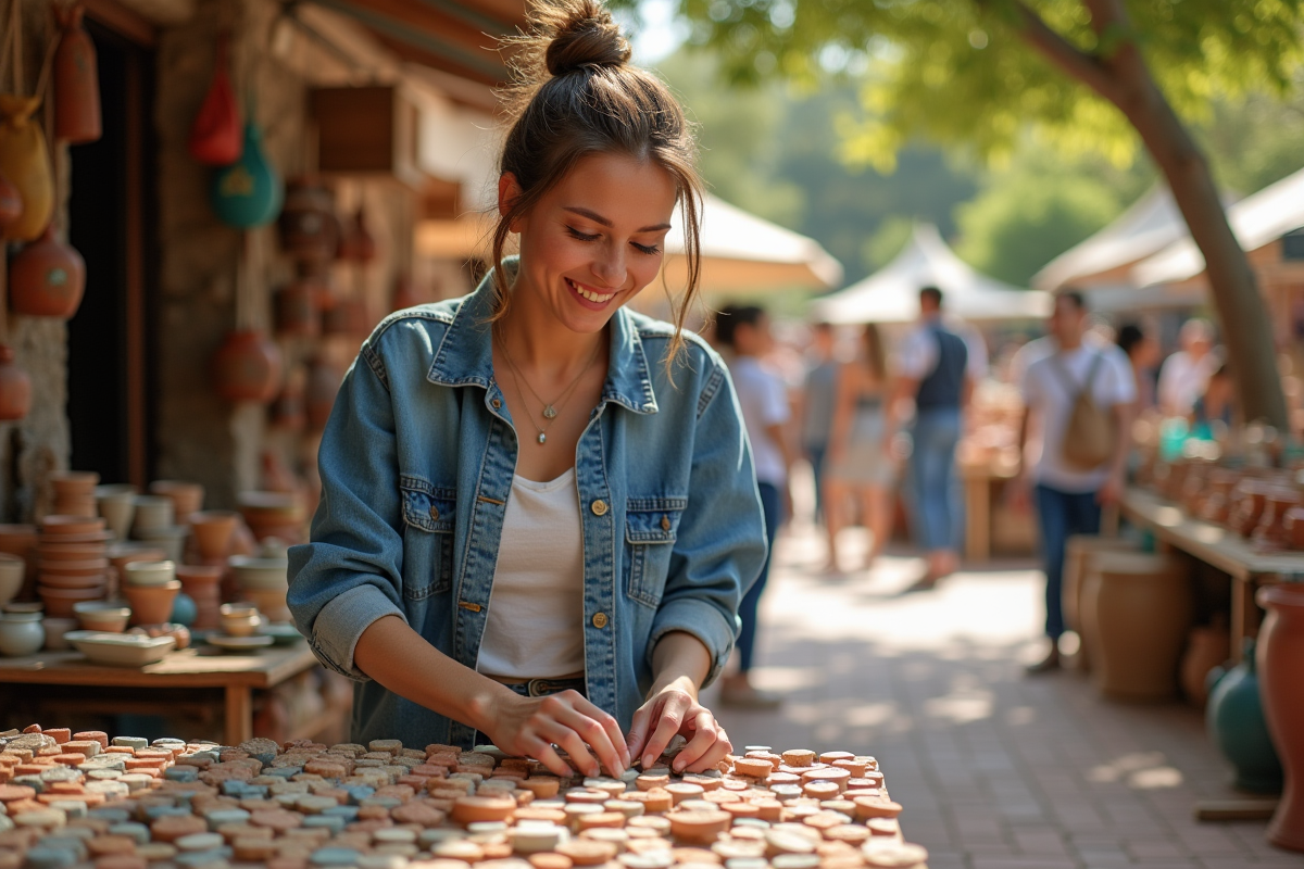 Jeune artisane souriante trie des carreaux de céramique colorés