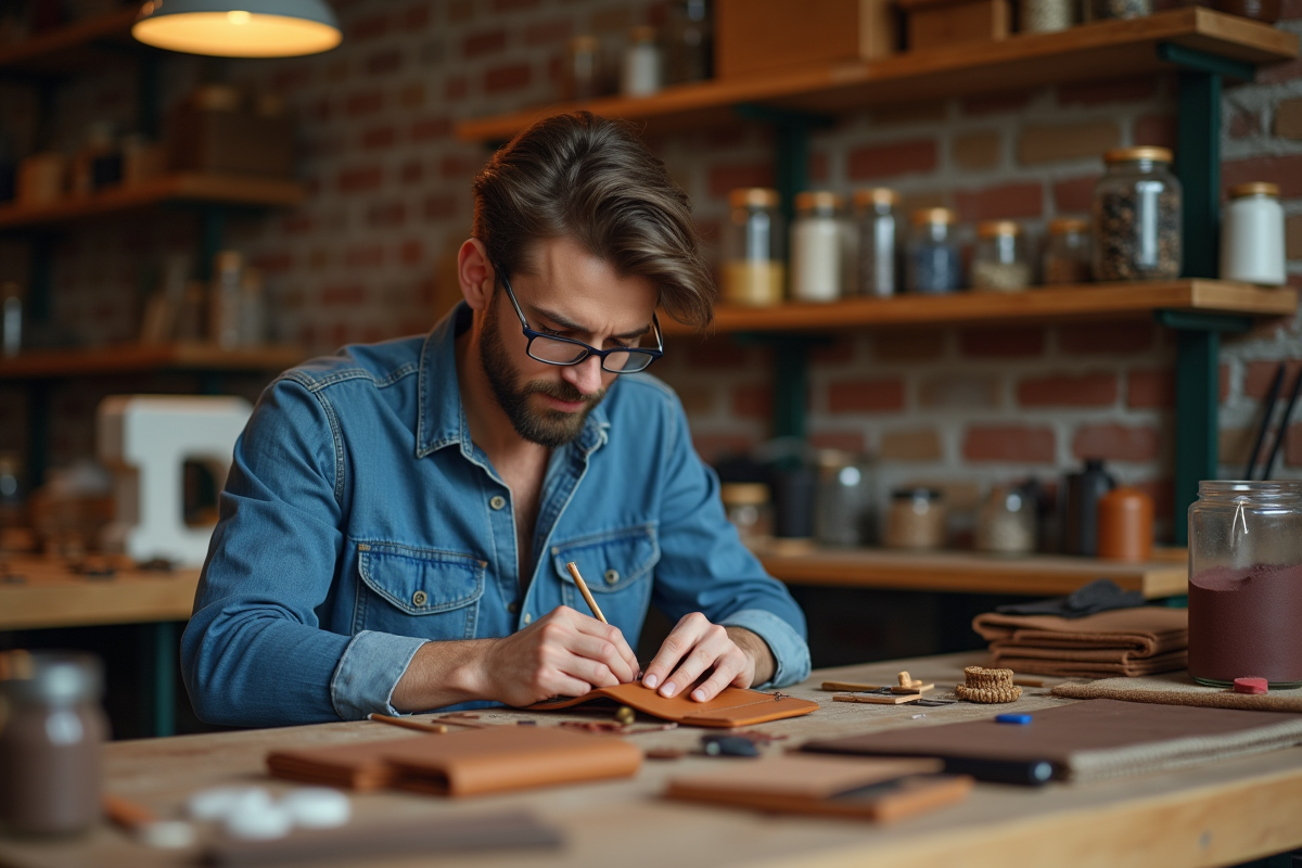 Jeune artisan cousant un portefeuille en cuir dans son atelier