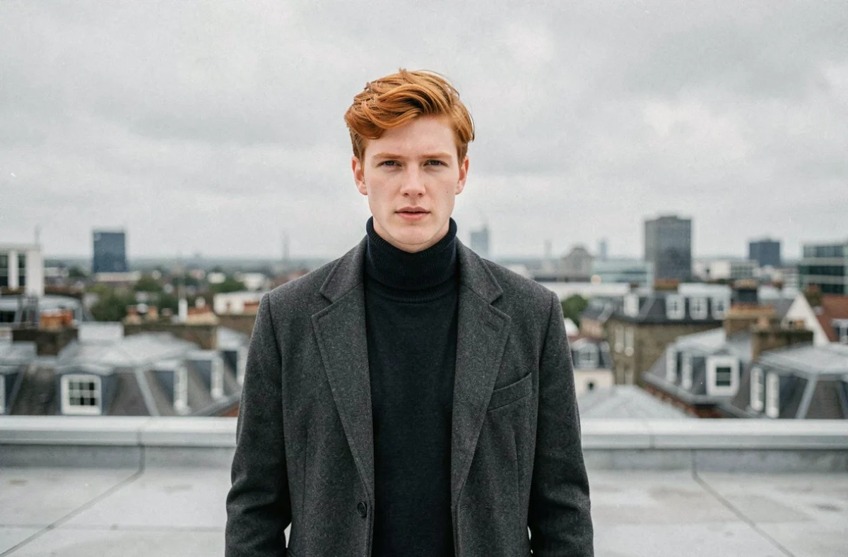 Artiste pop anglais aux cheveux roux en manteau gris sur un toit londonien avec panorama urbain flou en arrière-plan