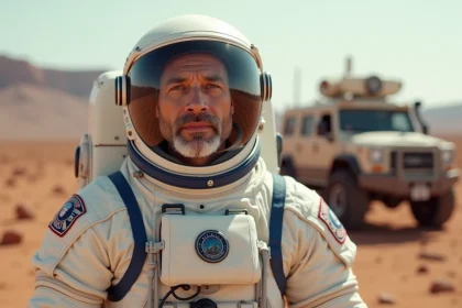 Astronaute sur Mars avec combinaison blanche et bleue