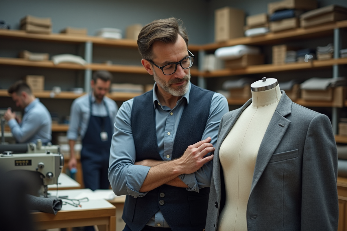 Homme en train de vérifier un blazer en atelier de couture