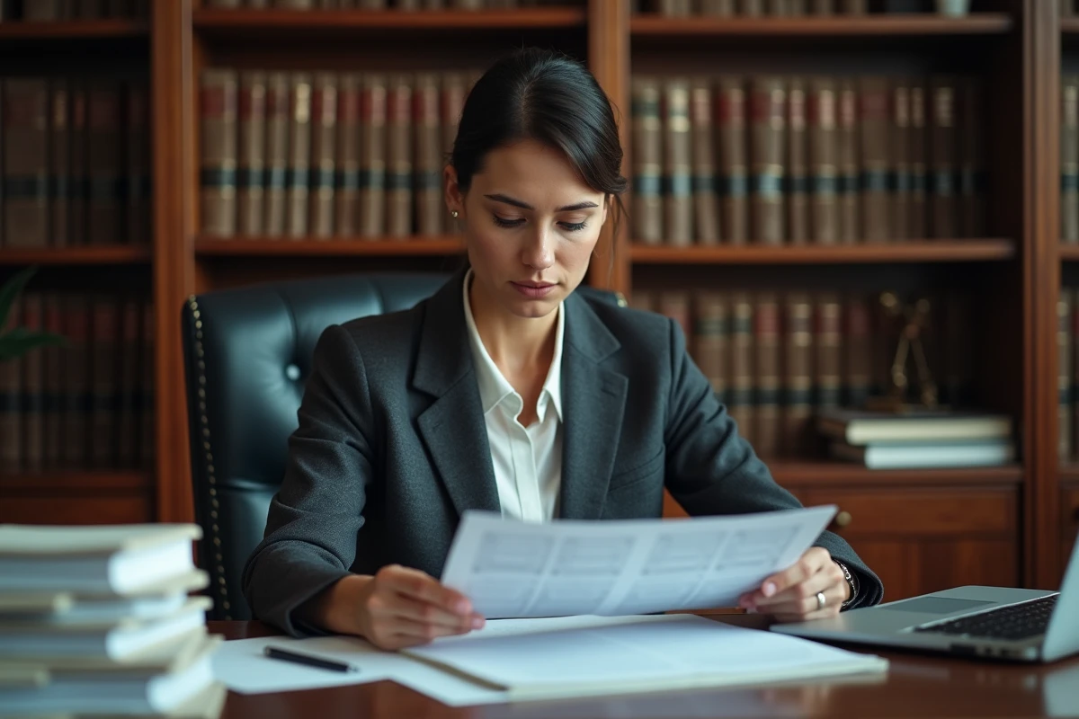 Avocate consultant un document juridique officiel dans son bureau, illustrant la procédure de rejet d'une demande au tribunal