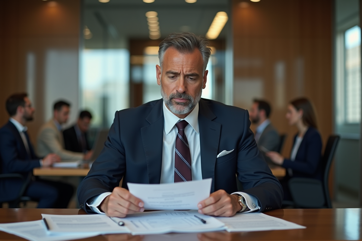 Employe de banque homme en costume examine documents financiers