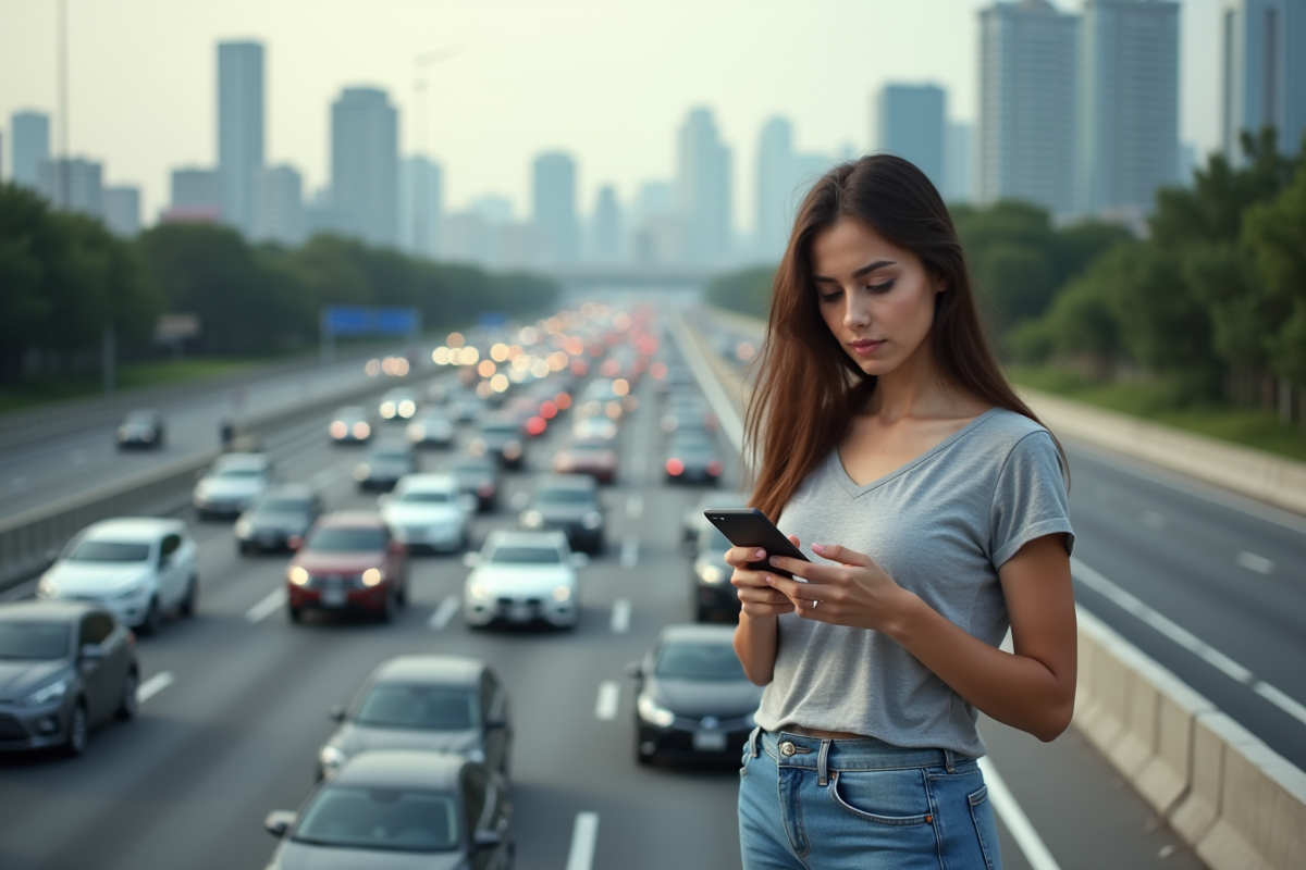 Jeune femme dans la circulation urbaine congestionnee
