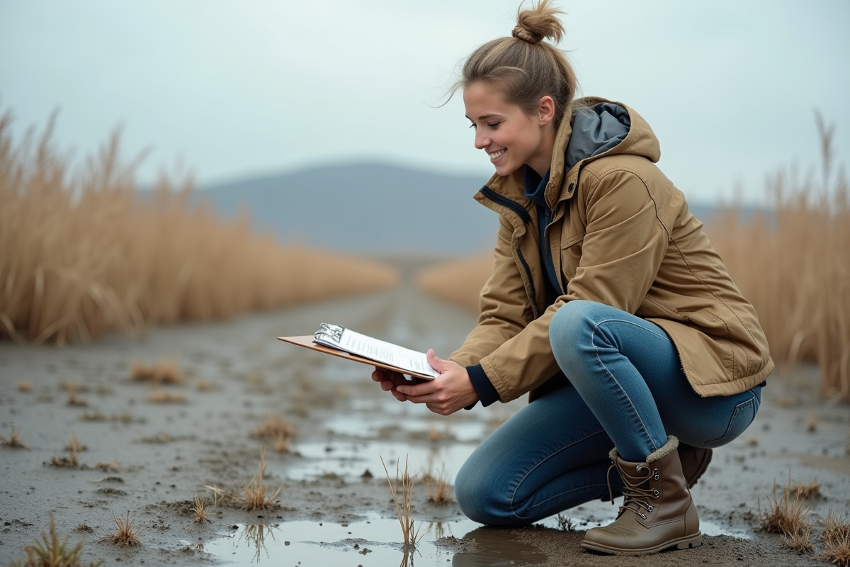 Jeune biologiste en zone humide avec carnet et bottes