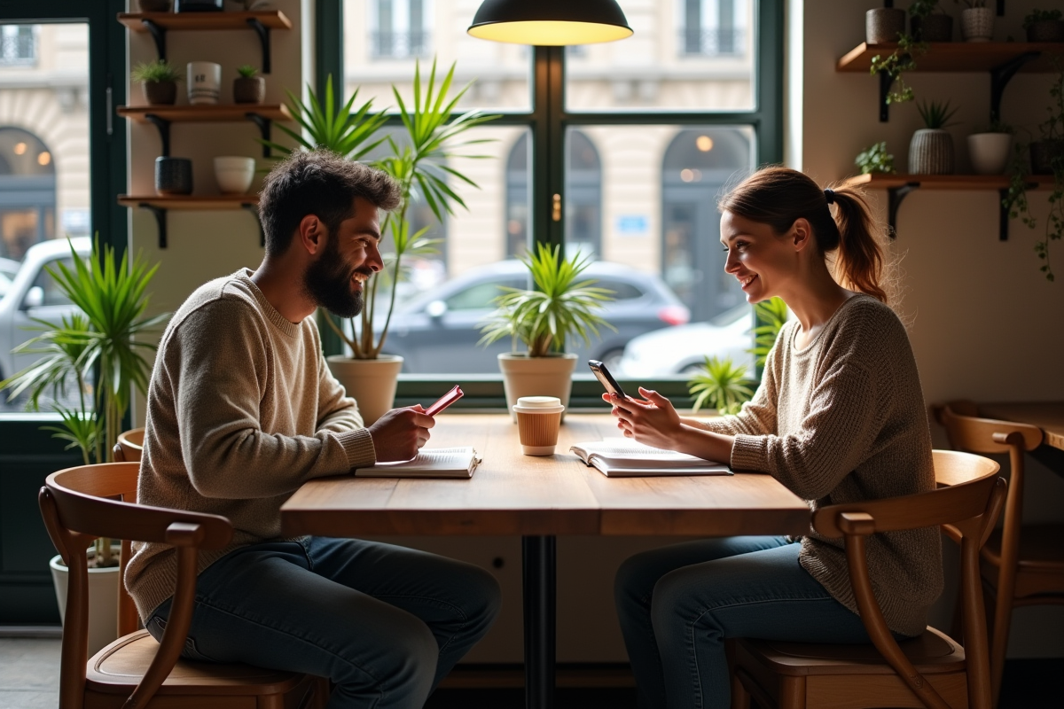 Couple dans un cafe urbain lisant et regardant leur téléphone