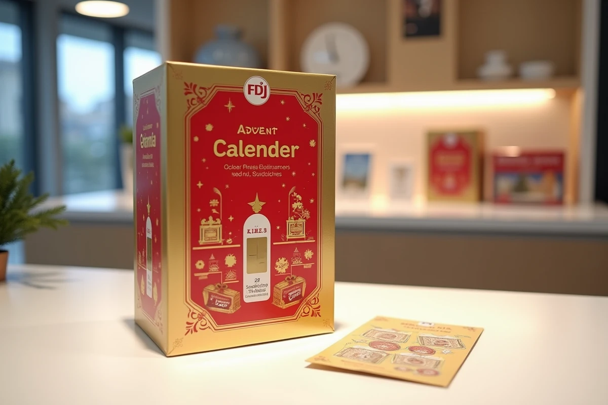 Calendrier de l'avent FDJ 2026 posé sur un comptoir avec son guide de commande déplié