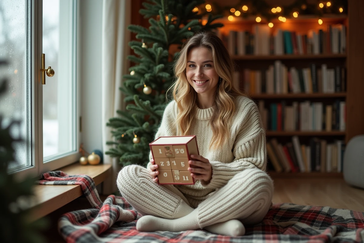 Femme tenant un calendrier de l'Avent littéraire romance près d'une fenêtre enneigée dans un salon cosy décoré pour Noël