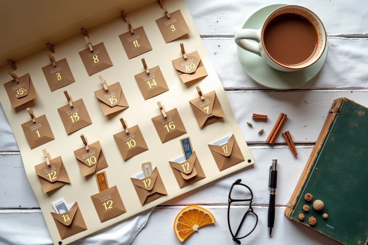 Vue en plongée d'un calendrier de l'Avent littéraire romance avec enveloppes numérotées et accessoires de lecture hivernaux