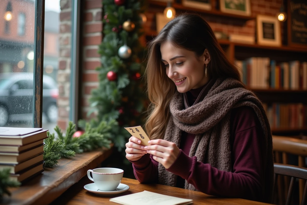 Jeune femme découvrant un message de son calendrier de l'Avent romance dans une librairie-café décorée pour Noël
