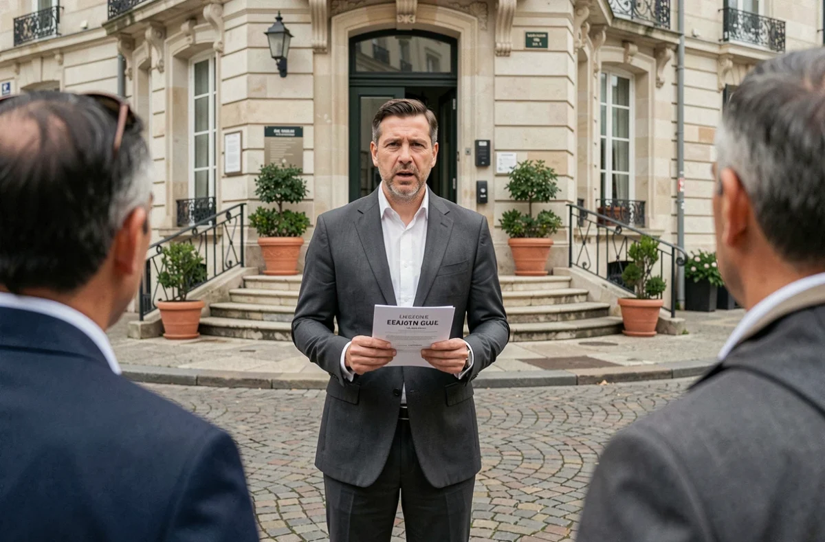 Candidat aux élections municipales présentant sa profession de foi devant une mairie française