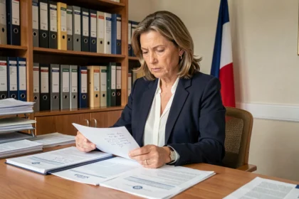 Candidate municipale relisant sa profession de foi avec les mentions obligatoires dans un bureau administratif
