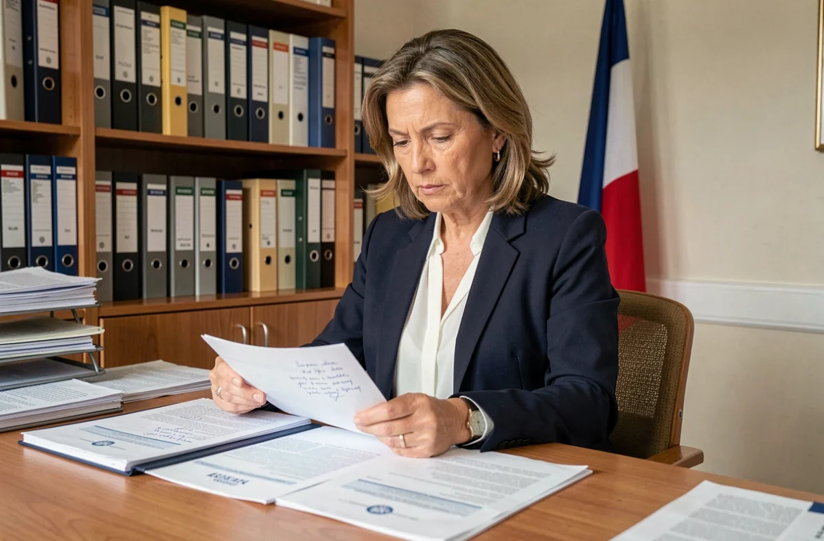 Candidate municipale relisant sa profession de foi avec les mentions obligatoires dans un bureau administratif