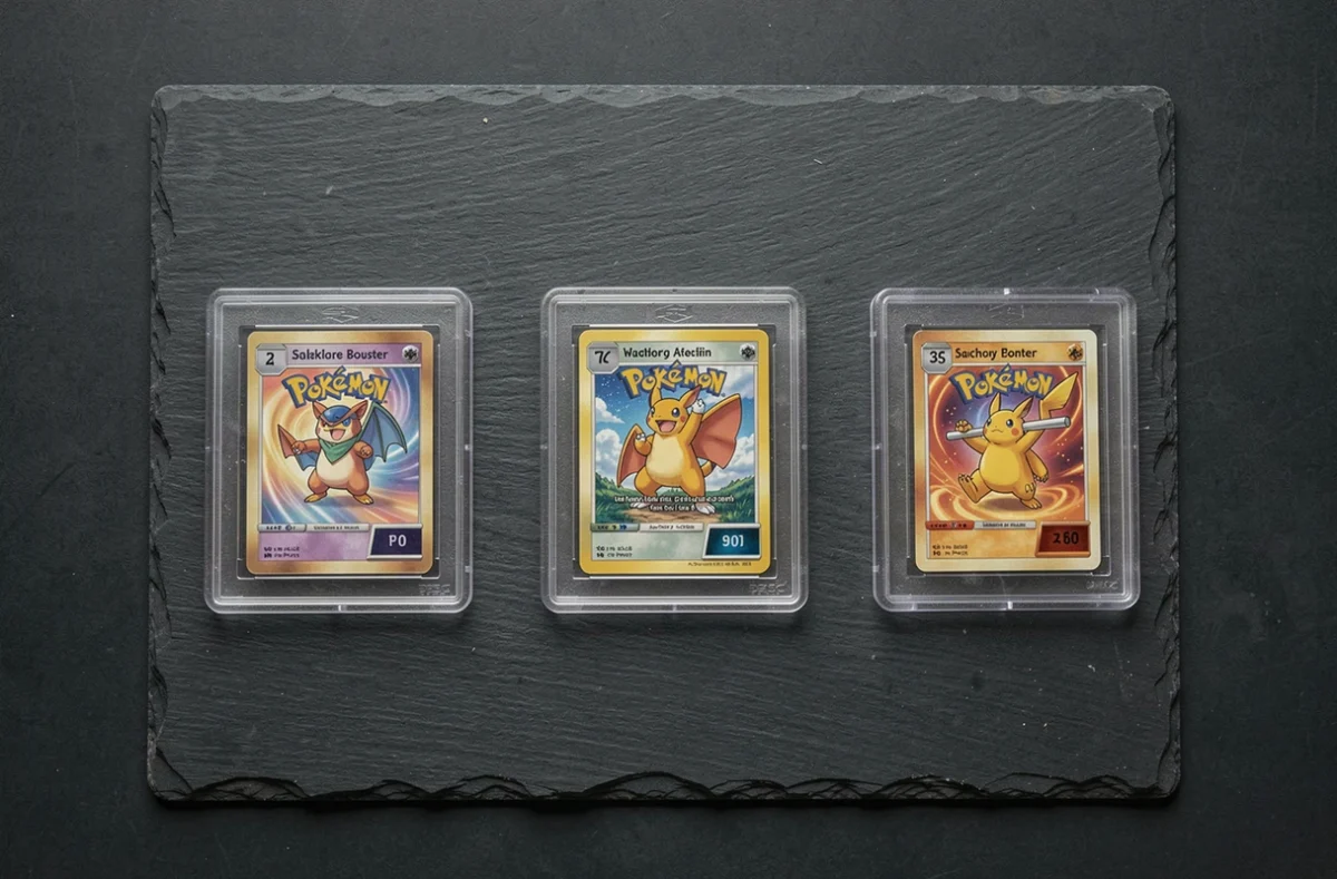 Vue aérienne de cartes Pokémon rares gradées PSA et d'un booster vintage scellé disposés sur une surface en ardoise sombre