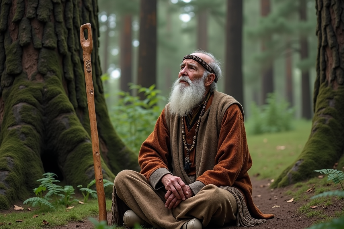 Chaman âgé en forêt de pins avec bâton en bois