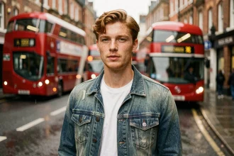 Chanteur anglais roux aux taches de rousseur portant une veste en jean dans une rue londonienne pluvieuse avec bus rouges en arrière-plan
