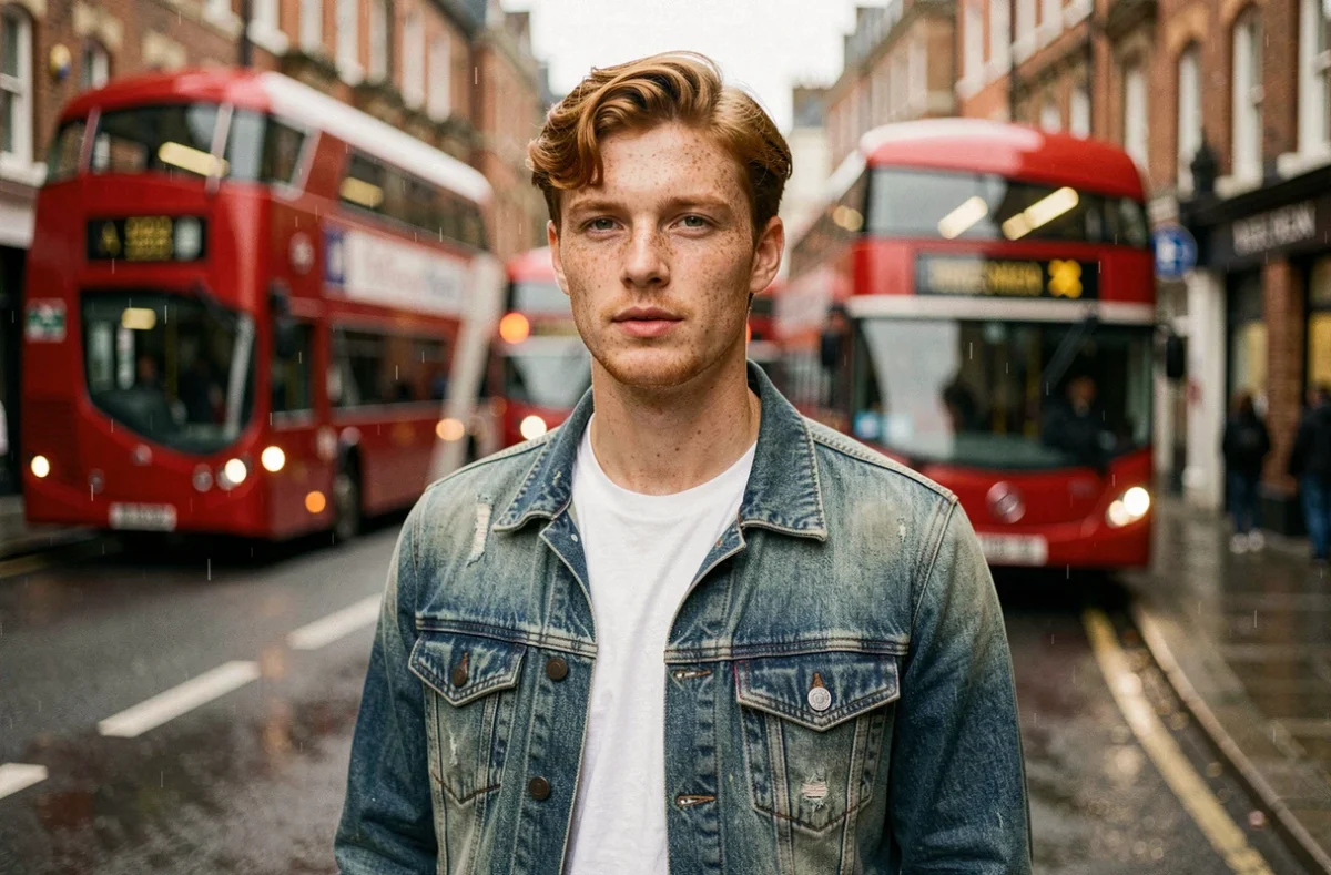 Chanteur anglais roux aux taches de rousseur portant une veste en jean dans une rue londonienne pluvieuse avec bus rouges en arrière-plan