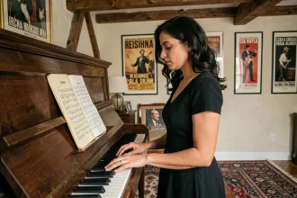 Chanteuse italienne jouant du piano dans un appartement parisien avec des partitions en français