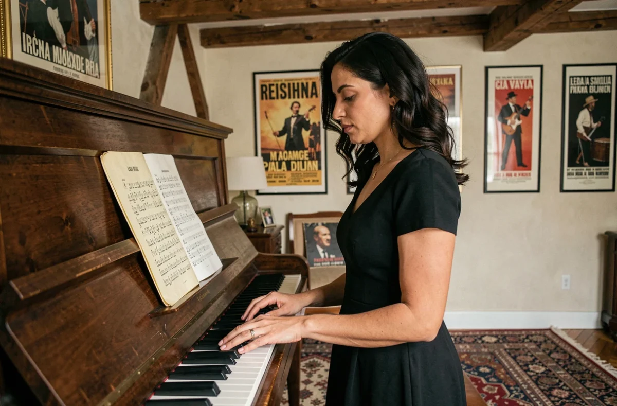 Chanteuse italienne jouant du piano dans un appartement parisien avec des partitions en français