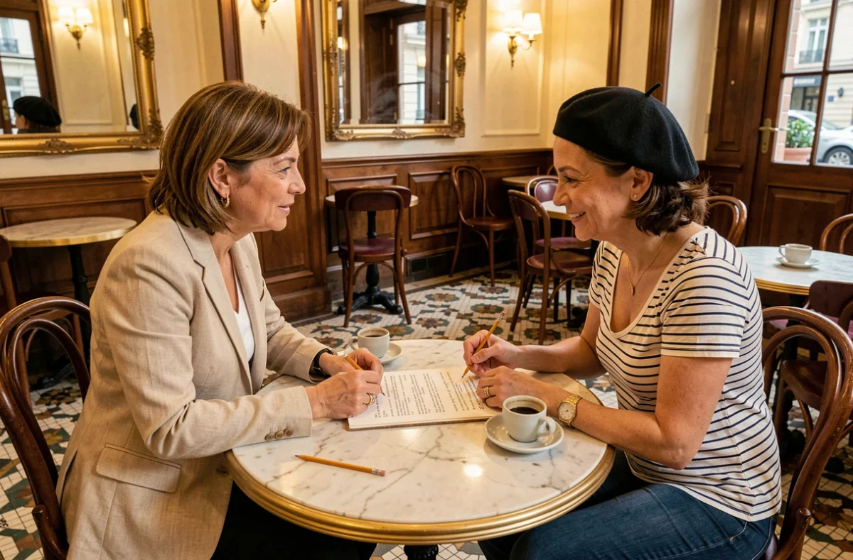 Deux artistes française et italienne collaborant sur des paroles de chanson dans un café parisien