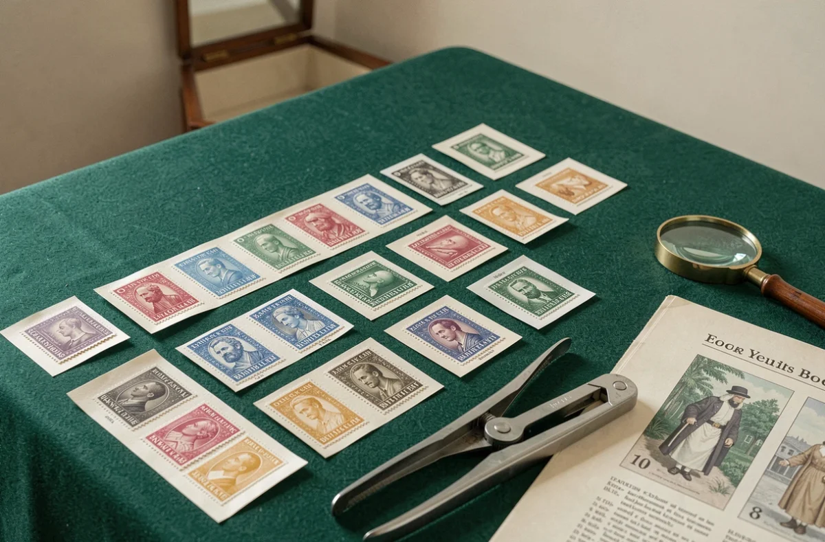 Collection de timbres rares étalés sur un tapis de baize vert avec pince philatélique et catalogue d'expertise ouvert