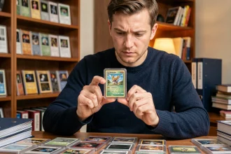 Collectionneur adulte tenant une rare carte Pokémon gradée dans un étui acrylique protecteur, assis à un bureau en bois entouré de classeurs et de slabs de cartes